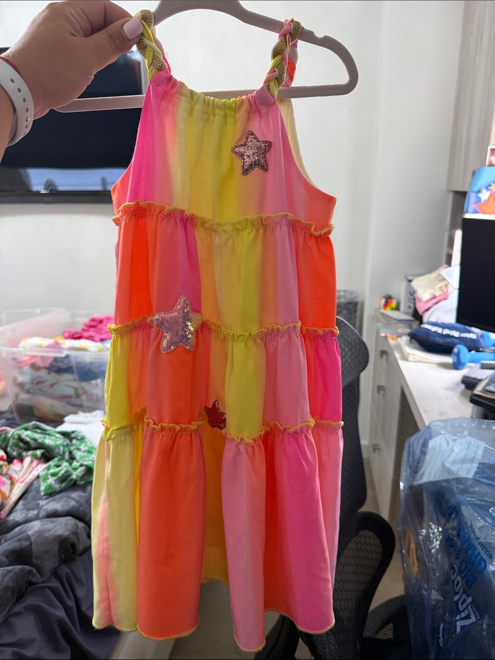 Girls' Neon Rainbow Tiered Star Sundress - Pink, Yellow & Orange